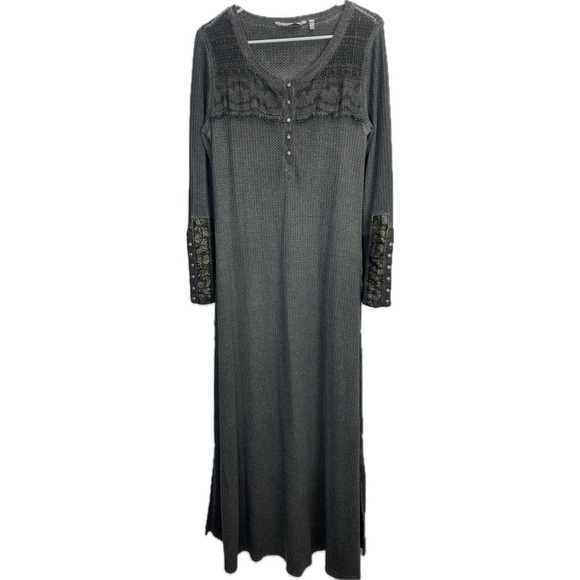 Soft Surroundings Gray Waffle Knit Thermal Maxi Embroidered Dress Size M - Picture 1 of 9